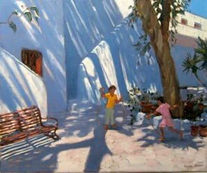 Two girls skipping, Mykonos